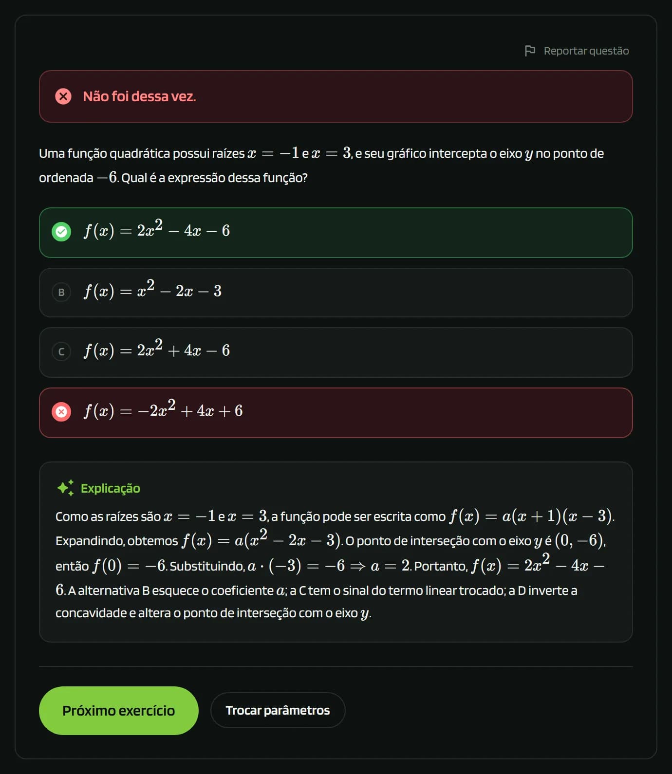 An answered maths exercise showing the correct option, the option the student picked, and a written explanation with rendered equations.